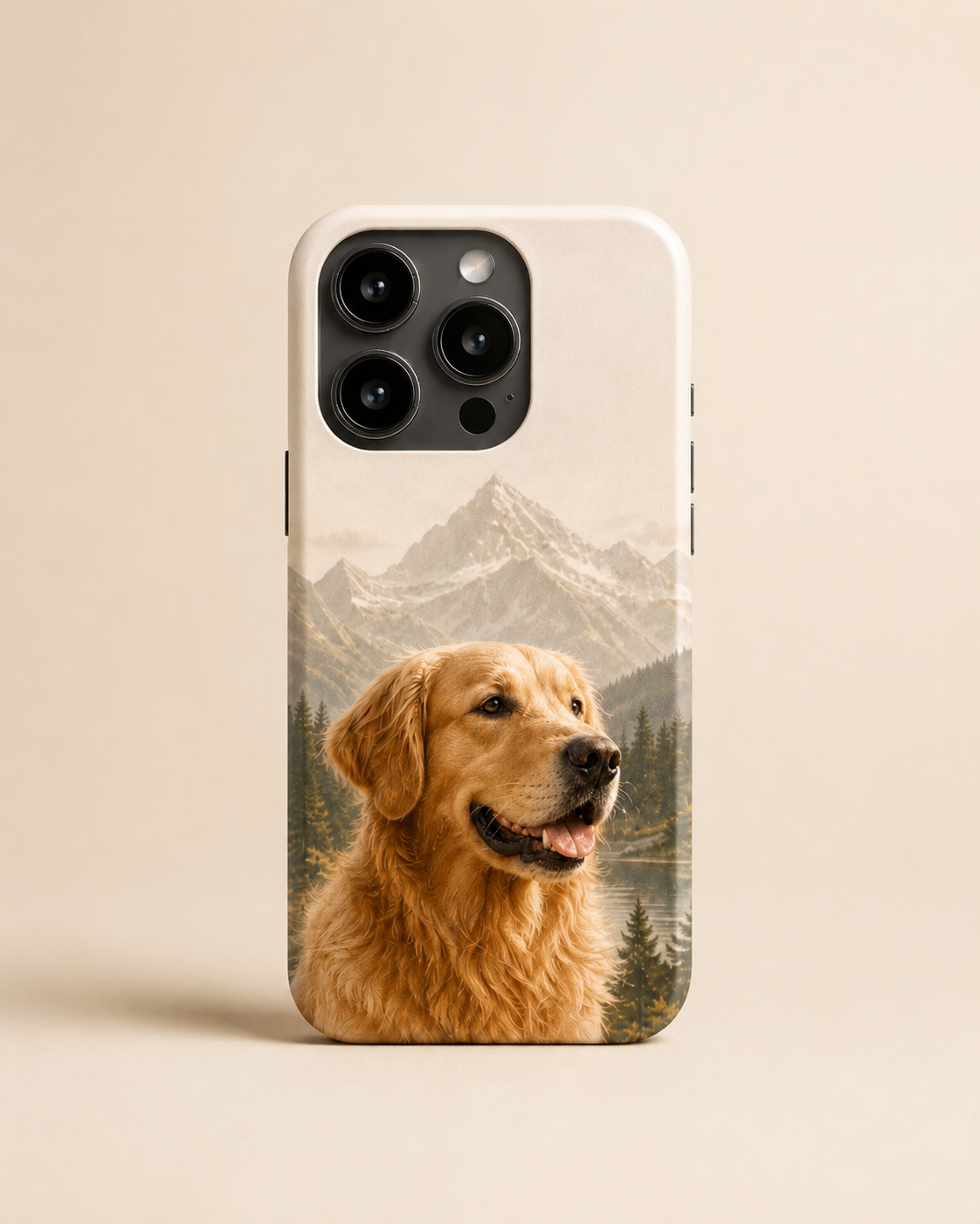 Pet memory phone case with a golden retriever portrait